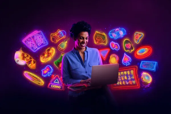 A woman smiling while playing online games on her laptop, surrounded by neon casino elements, showcasing CD45’s diverse game collection.