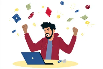 A man celebrating a winning moment on his laptop while gaming symbols float around him, capturing the excitement of CD45 games.